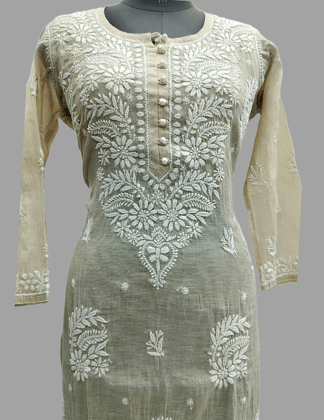 Off Fawn Chikankari Hand-Embroidered Cotten Lucknowi Kurta