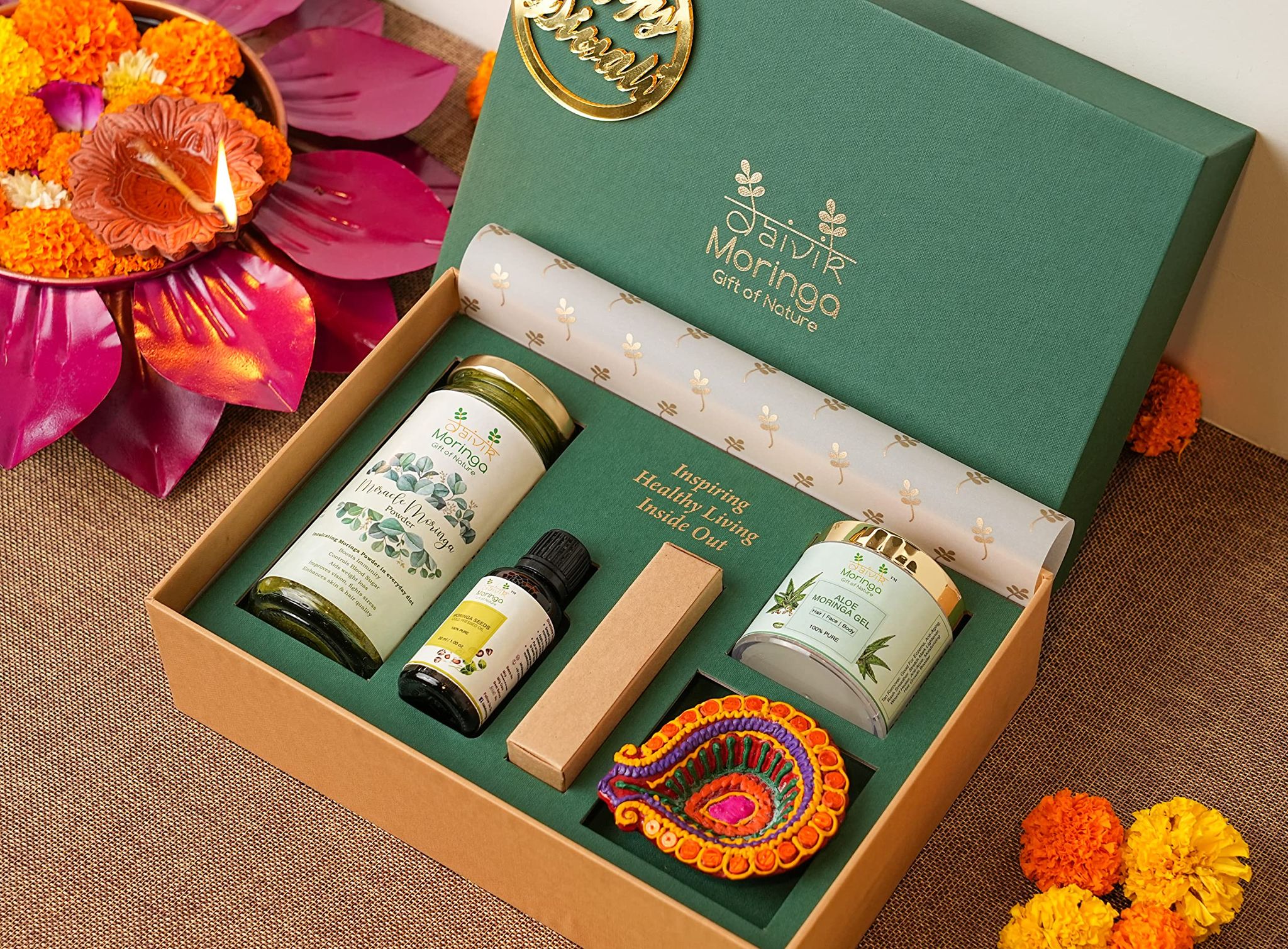 Daivik Moringa Women Beauty Gift Set | Pack Of 4 - Moringa Powder Bottle 120g, Cold Pressed Moringa Seed Oil 30ml, Aloe Moringa Gel 110g With 1 Handmade Diya In Our Signature Gift Box