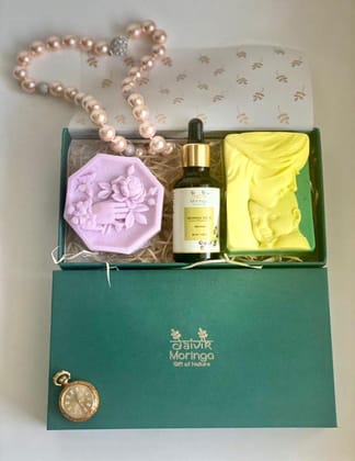 Daivik Moringa Surprise Birthday Special Occasion Assorted Gift Hamper Pack of 2 Face and Body Bars With Goodness Of Moringa & 30 ml Moringa Cold Pressed Seed Oil Bottle In Our Signature Gift Box