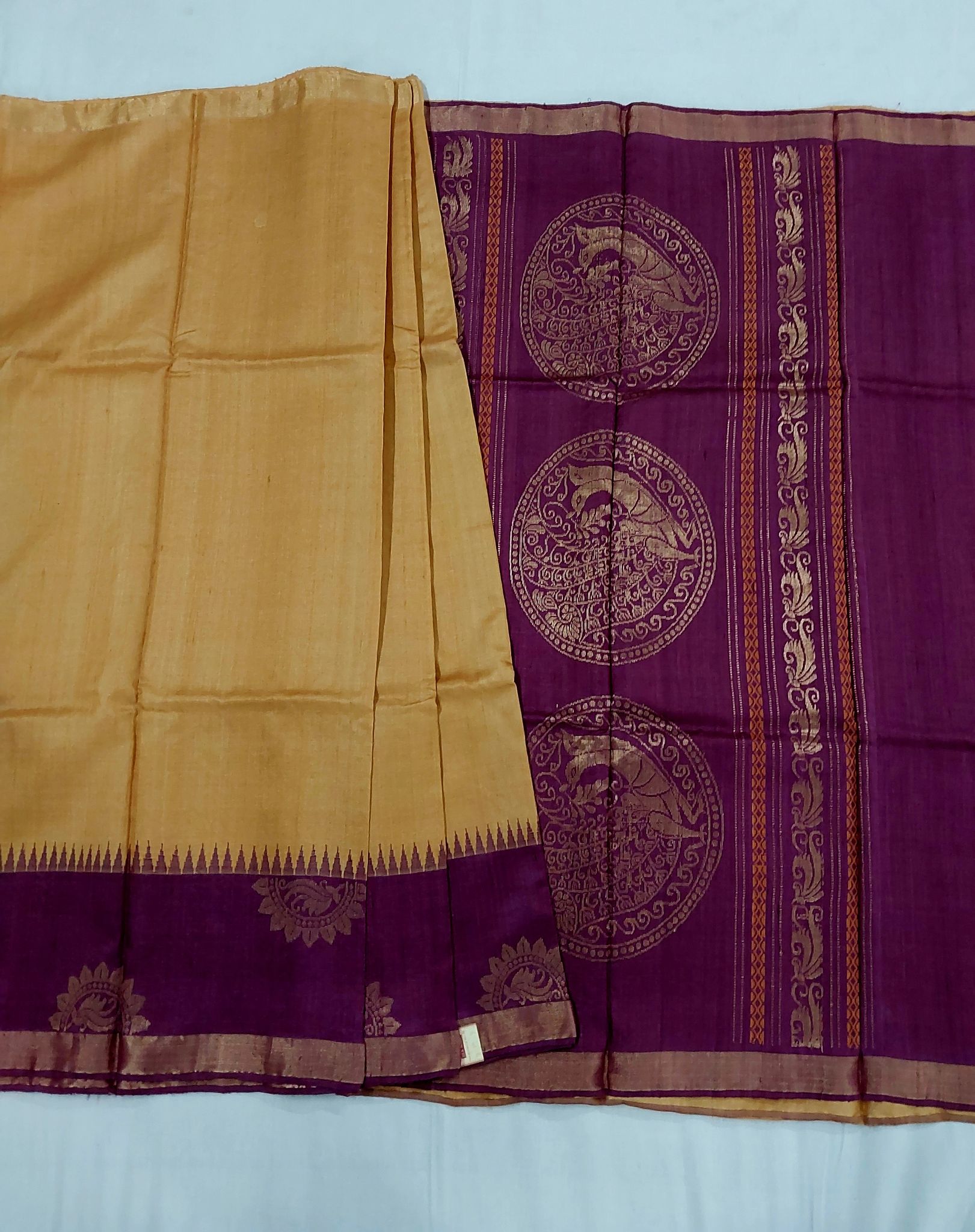 Tussar/Kosa Silk Handloom Saree yellow  with Floral and Animal  Motifs