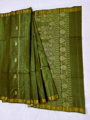 Tussar/Kosa Silk Handloom Saree Olive Green with Floral Motifs