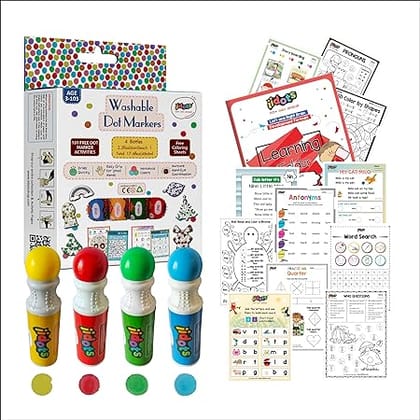 IIDOTS Washable Dot & Dab Rainbow Markers with 40 Printed Logical Reasoning Worksheets | Set of 4 Jumbo & Non - Toxic Markers for Kids & Toddlers  | 350 +  Brain Development and Drawing & Craft  E-Sheets | 60ml in Each Bottle