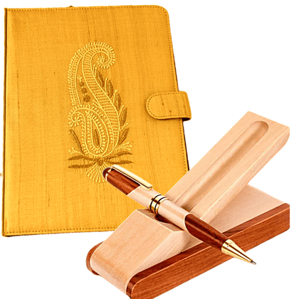 Chikankari Folder and  Pen with Wooden Case  | Tussar Silk Chikankari | Hand Embroidery and Work | Personal or Office |  Gift |  Color Yellow