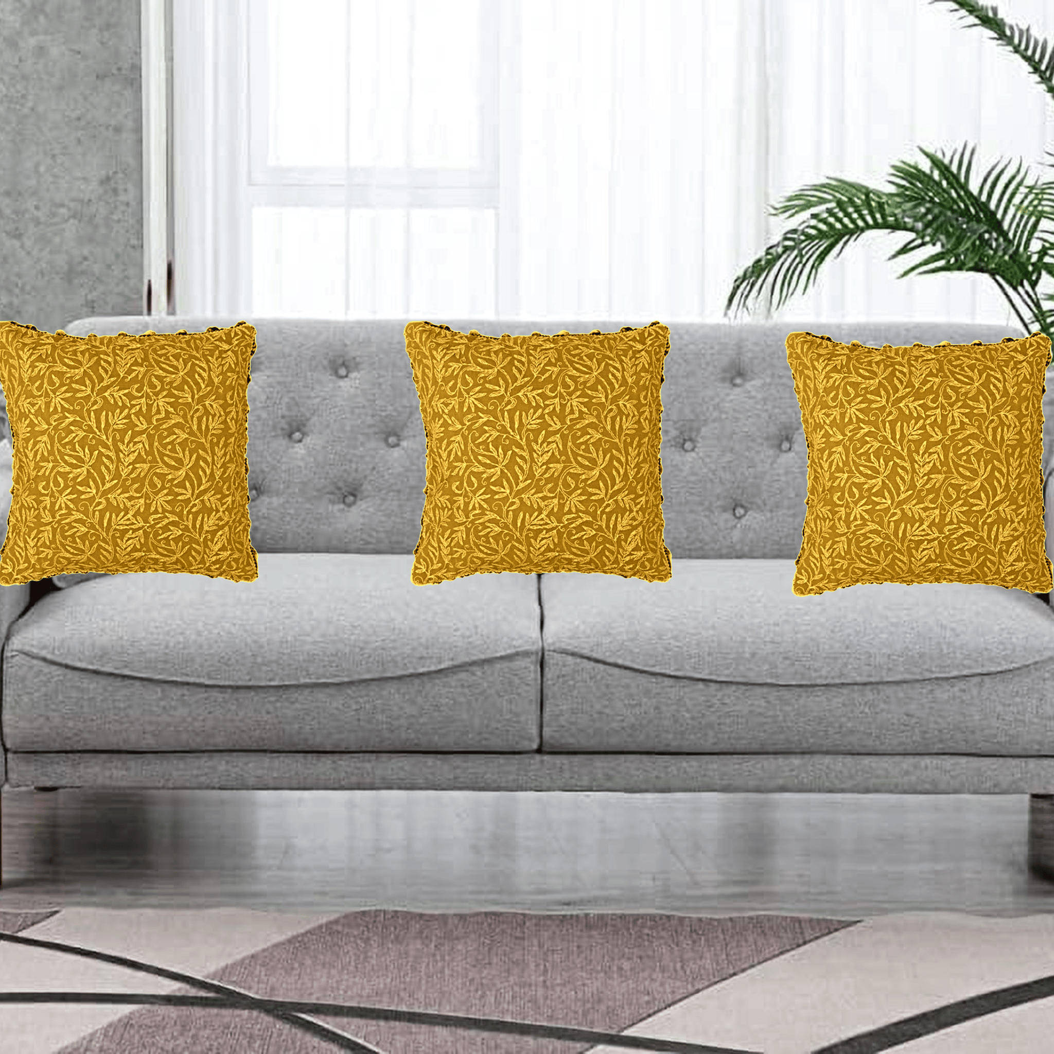 Sofa Cushion Cover | Chikankari   | Cotten | Hand Embroidery and Work | Home Decor |Yellow Colour with Golden Embroidery (6pices Set)