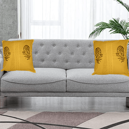 Mustard Yellow Colour with Brown Embroidery  | Cotten | Hand Embroidery and Work | Home Decor | Sofa Cushion Cover |  Gift | (6pices Set)