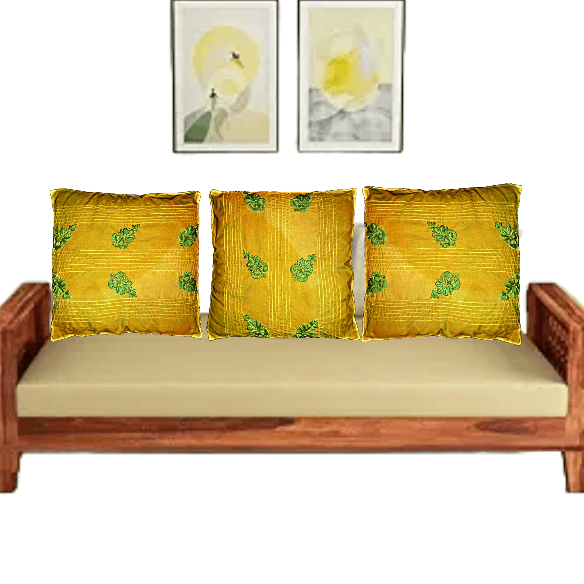 Green Resham | Chikankari Embroidery | Yellow Cotton | Cushion Cover | Home Decor | Sofa Cushion Cover | (6pices Set)