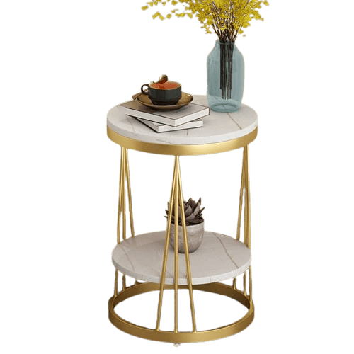 Side Table Living Room Round Telephone Table Coffee Table Corner Table Bedroom Bedside Table, MDF Table Top and Gold Metal Frame，