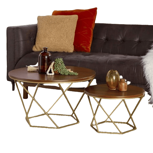 Geometric Coffee Table Set, 2 Piece Round Nesting Center Table with Sturdy Golden Metal Frame, Tea Table for Home/Living Room/Bedroom