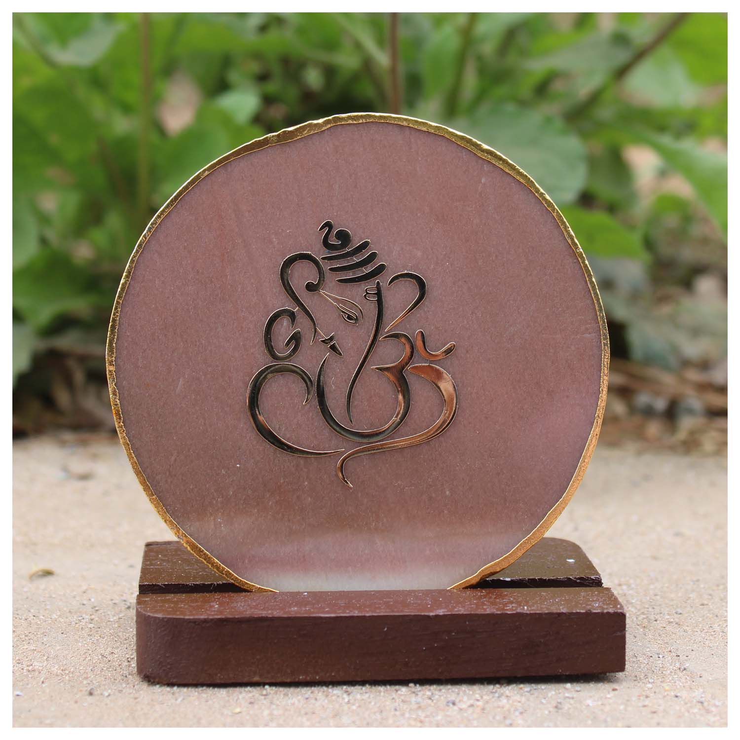 Garvi Gurjari Handcrafted Agate Coaster Lord Ganesha Showpiece with Wooden Stand | Decorative Agate Ganesh Ji Plaque for Home Decor