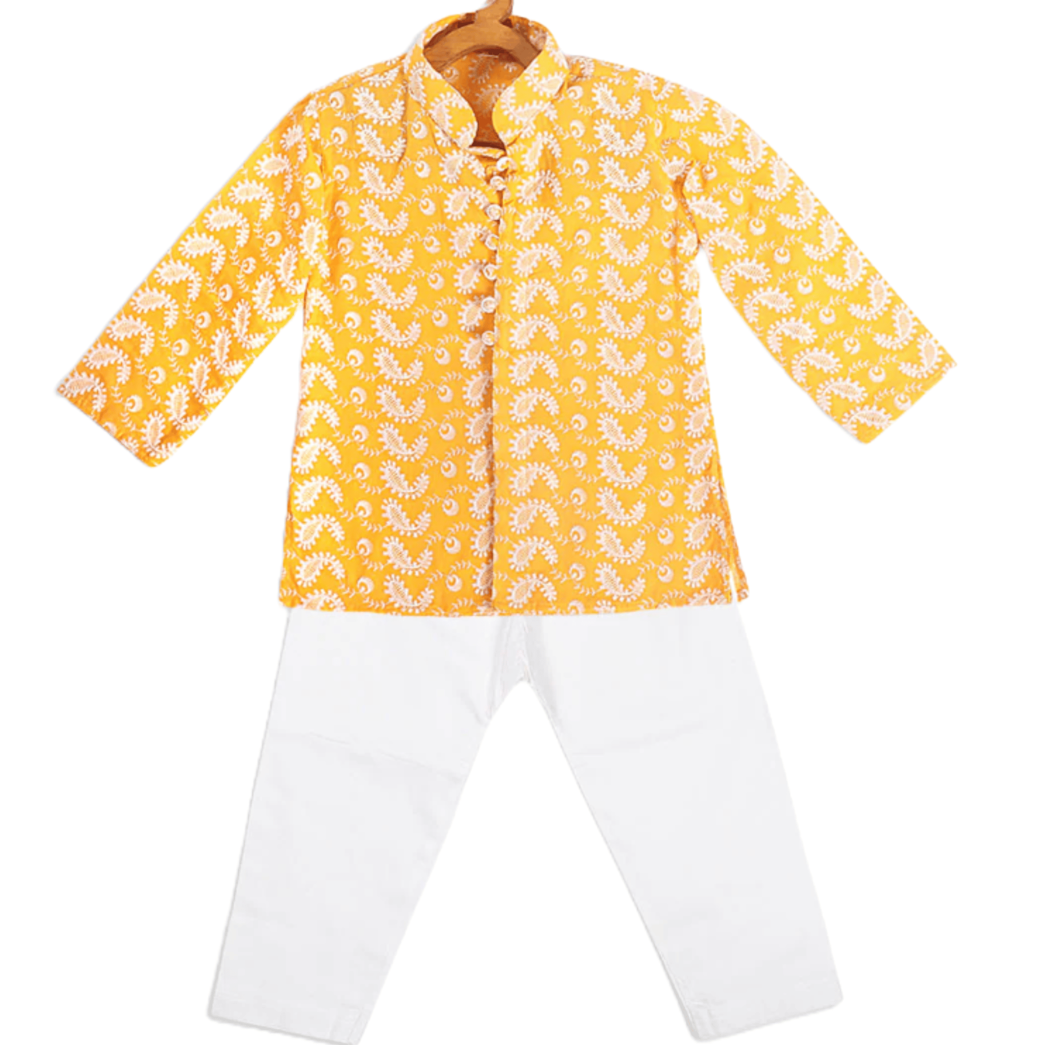 MoosClassic Ensemble | Lukhnowi | Chikankari Kurta With Pyjama | Yellow and White | Boys -6-12 Month