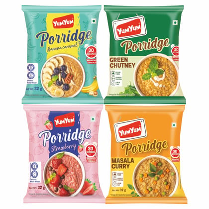 YUM YUM Porridge Combo Pack 128g (4 x 32g)  Banana Caramel, Green Chutney , Strawberry & Masala Curry Flavors