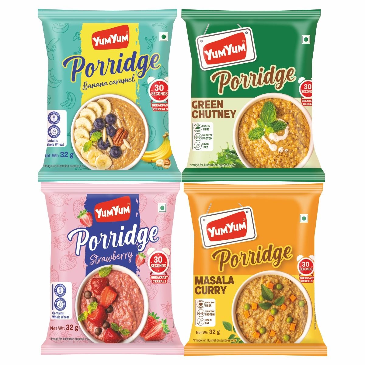 YUM YUM Porridge Combo Pack 128g (4 x 32g)  Banana Caramel, Green Chutney , Strawberry & Masala Curry Flavors