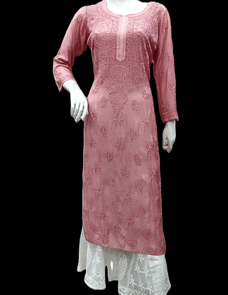 Chikankari on Both Sides | Chikankari | Lucknowi | Hand Embroidery | Cotten | Rose Pink | Long Kurta