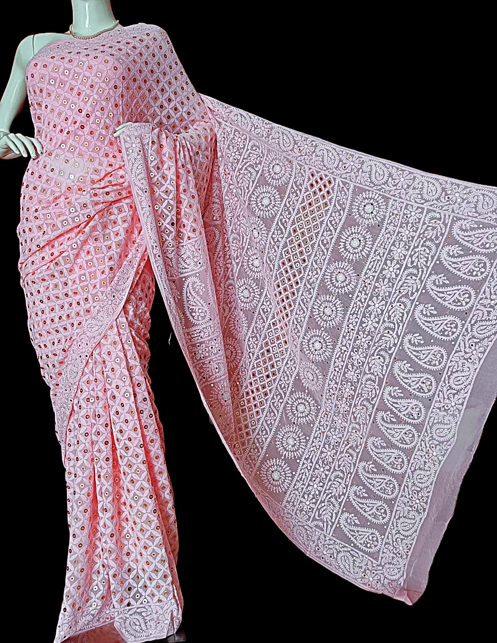 Roze Pink | Mirror Chikankari Work | Georgette | Saree