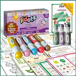 IIDOTS Dot Markers Toddlers Kids 8 Colors Jumbo 60 ml Water Based Non Toxic Fun Art & Craft Supplies | Metallic Shimmer Dab 18 mm With 40 Printed Brain Boosting Worksheets & 350+ Theme Based E-Sheets