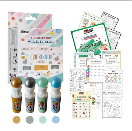 IIDOTS Washable Dot & Dab Metallic Shimmer Markers with 40 Printed Logical Reasoning Worksheets | Set of 4 Jumbo & Non - Toxic Markers for Kids & Toddlers  | 350 +  Brain Development and Drawing & Craft  E-Sheets | 60ml in Each Bottle