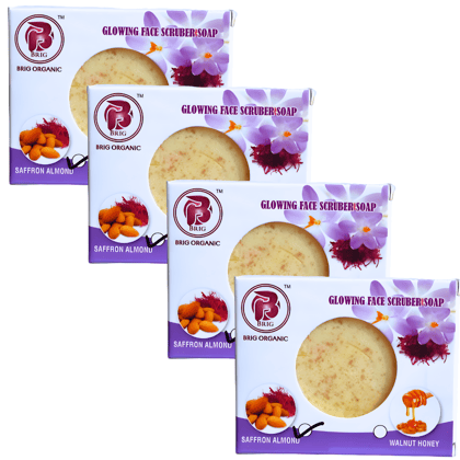 BRIG Saffron Almond Scrub Soap (4X100gm.) | Pure Bathing Natural | Milk Glycerin | Moisturization | Men Women Brightening | Face, Body | Combo Set | Suitable For All Skin