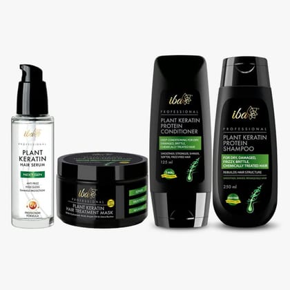 Iba Professional Plant Keratin Protein Combo | Shampoo 230ml Conditioner 125ml Mask 200ml Serum 45ml | For Dry Frizzy Damaged Hair Transparent and Long Lasting | No Sulfates No Parabens