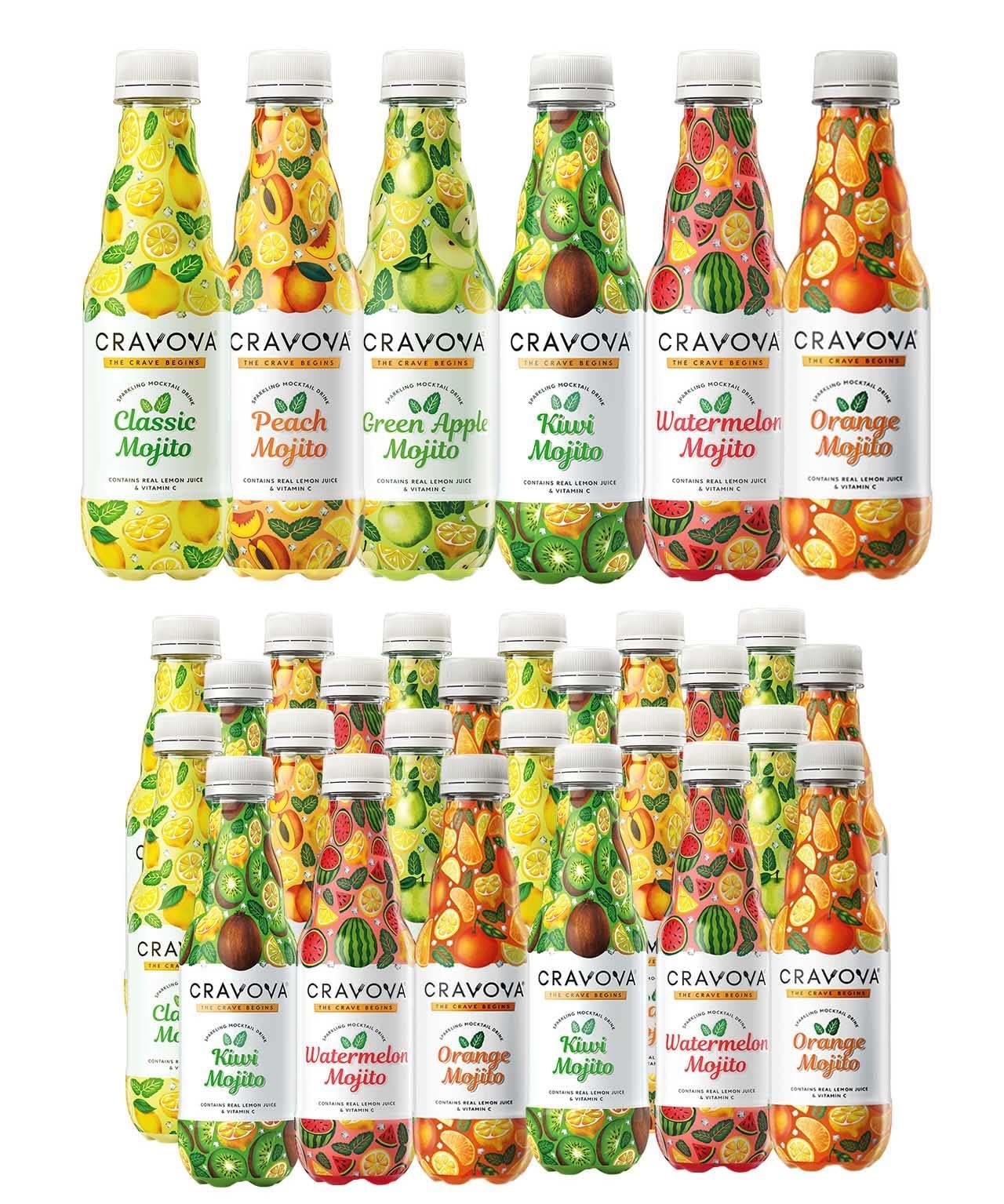 CRAVOVA - THE CRAVE BEGINS Assorted Mocktail 300ml Combo of Classic, Green Apple, Watermelon, Peach, Fresh Lemonade, Orange ( Pack of 24)