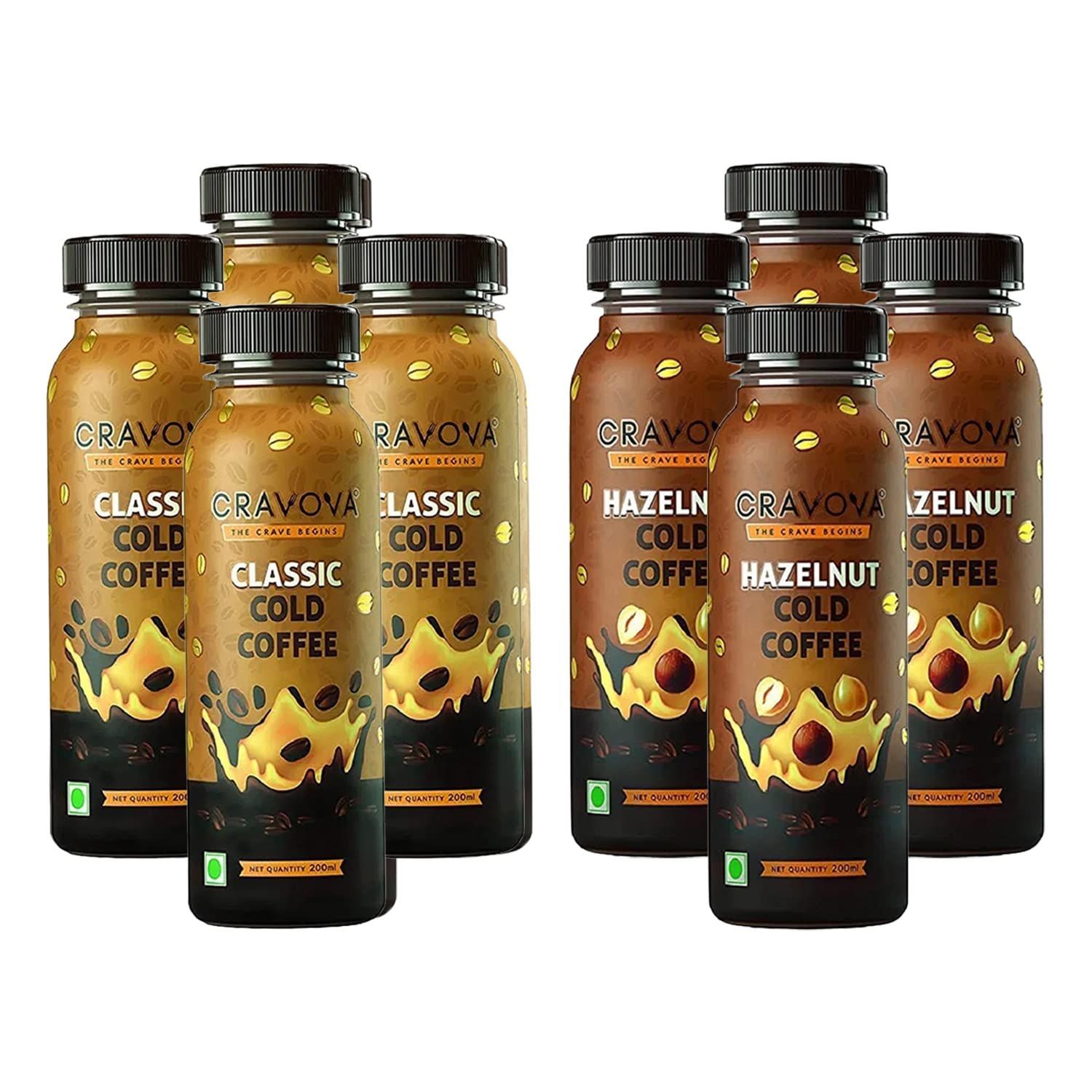 Cravova Hazelnut Cold Coffee (Pack of 4), Classic Cold Coffee (Pack of 4) |200ml Each | Assorted pack | Combo of 8