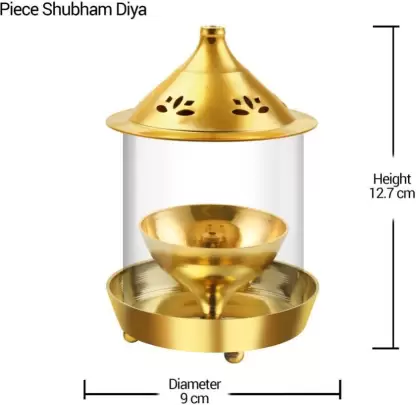 EL ROYAL DECOR Brass Diya With Borosilicate Glass Cover for Mandir, Office, Home Brass Table Diya