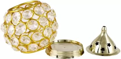 EL ROYAL DRCOR Brass Akhand Diya | Diamond Crystal Deepak/Dia | Akhand Jyot | Magical Lantern Brass Diya | Decorative Brass Crystal Oil Lamp | Tea Light Holder Lantern | Puja Lamp Brass Table Diya