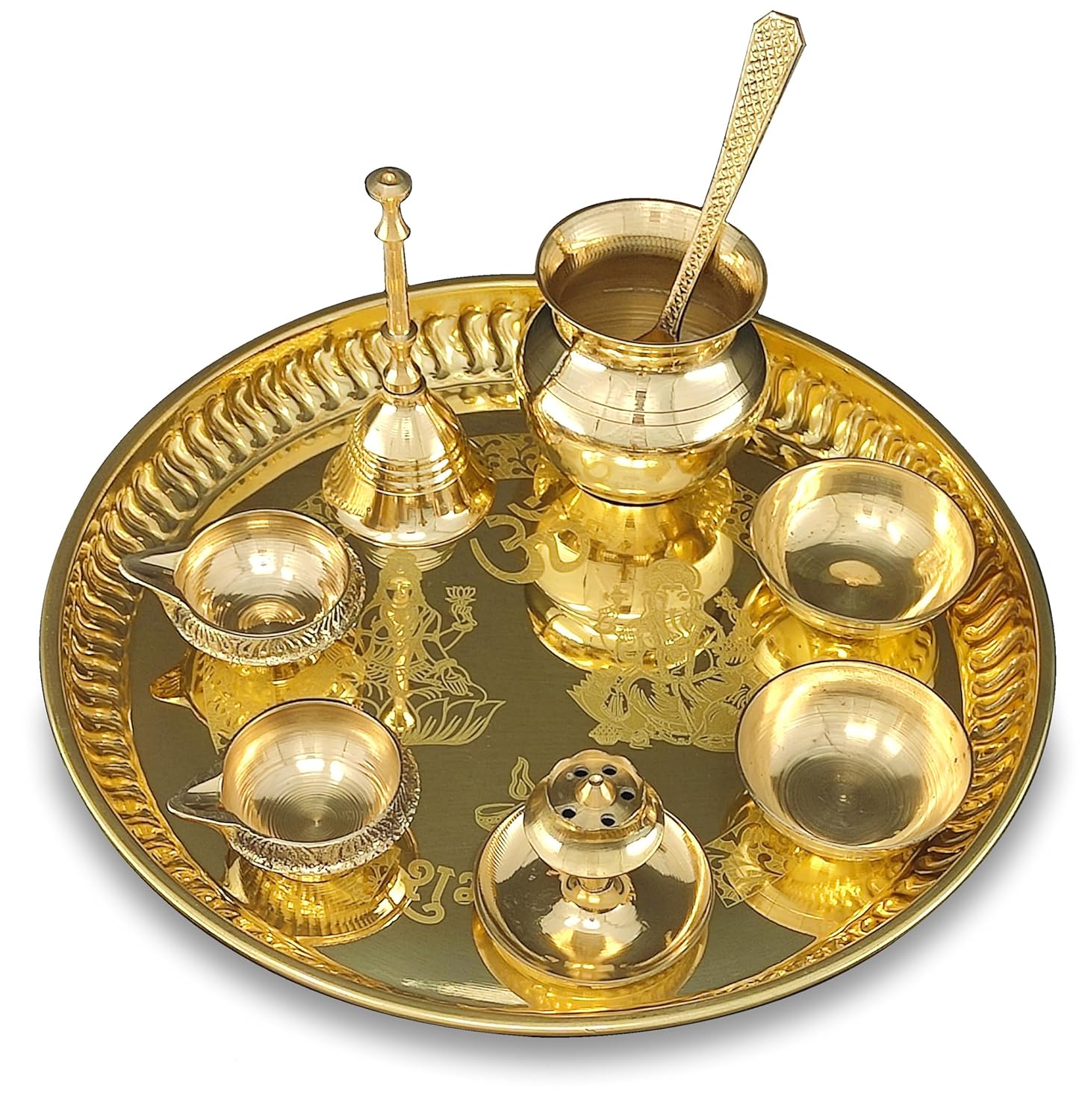 Pooja Thali Set Brass Puja Thali Pital 8 Inch With Accessories Kuber Diya Ghanti Kalash Spoon Bowl Agarbatti Stand For Diwali Home Office Wedding...