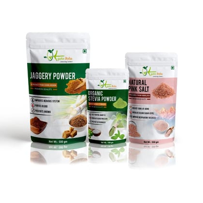 Organo India Jaggery Powder, (500gm), Organic Stevia Powder (100gm), Natural Pink Salt (350gm) tulsi powder 200gm