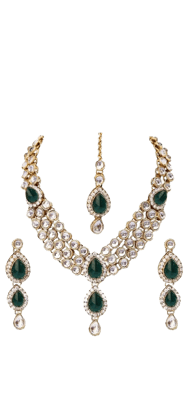 White and Green Brass Necklace and Maang Tikka Set