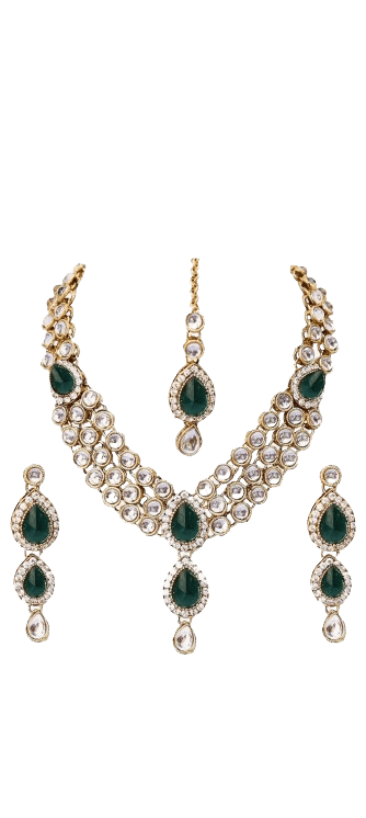 White and Green Brass Necklace and Maang Tikka Set