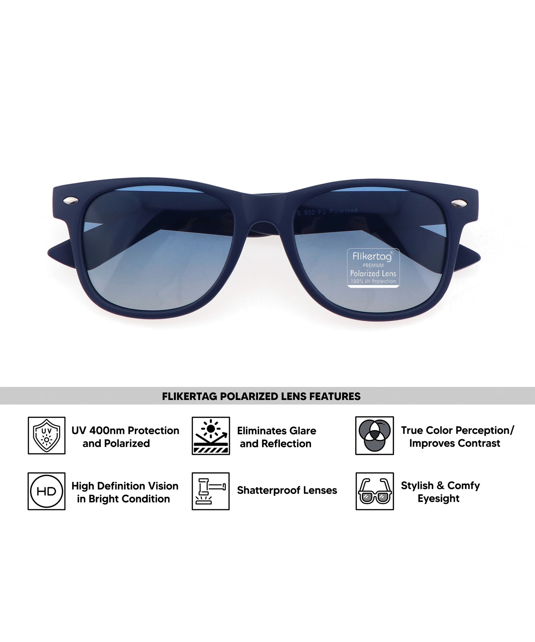 Flikertag Polarized Sunglasses With UV Protection For Men & Women | HD vision with Blue Gradient Lens [FTS 552 F2 Wayfarer Matte Blue Frame with Blue lens, 52mm]