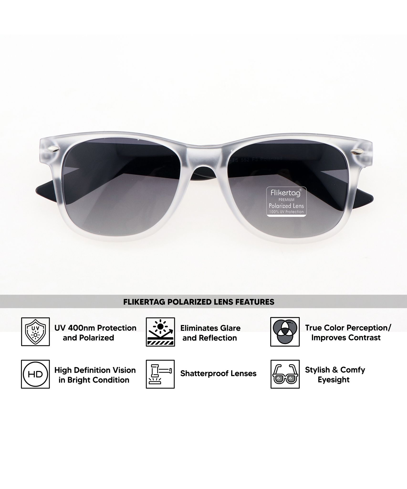 Flikertag Polarized Sunglasses With UV Protection For Men & Women | HD vision with Grey Gradient Lens [FTS 552 F3 Wayfarer Matte Transparent Frame with Smoke lens, 52mm]