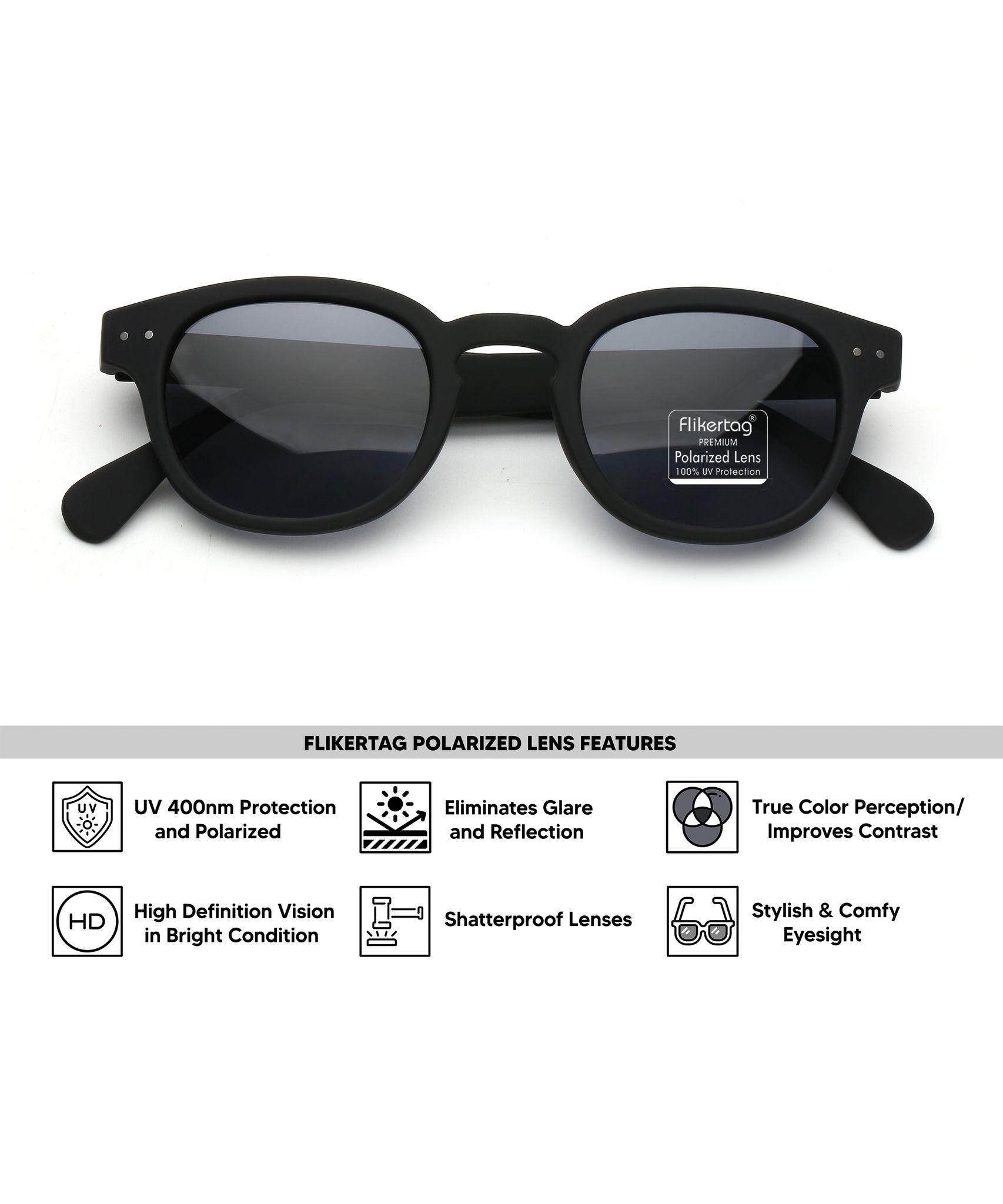 Flikertag Polarized Sunglasses With UV Protection For Men & Women | HD vision with Grey Lens [FTS 551 F1 Round Matte Black Frame with Smoke lens, 49mm]