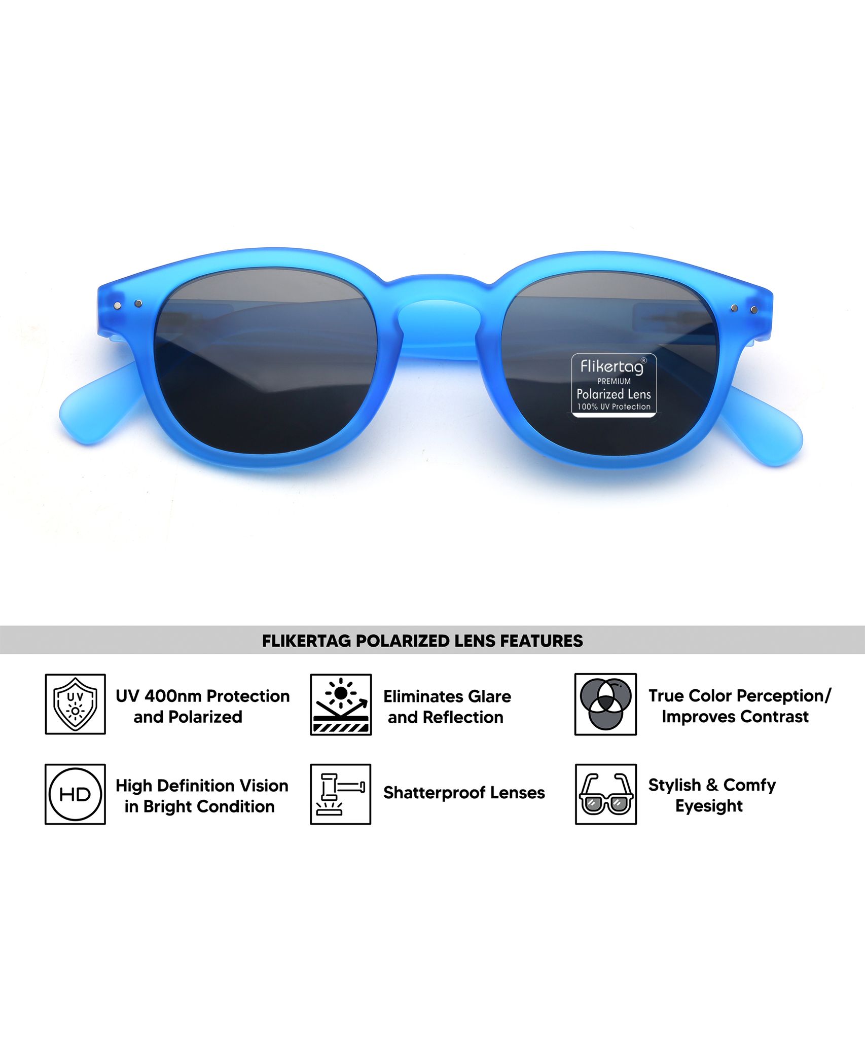 Flikertag Polarized Sunglasses With UV Protection For Men & Women | HD vision with Grey Lens [FTS 551 F2 Round Matte Blue Frame with Smoke lens, 49mm]