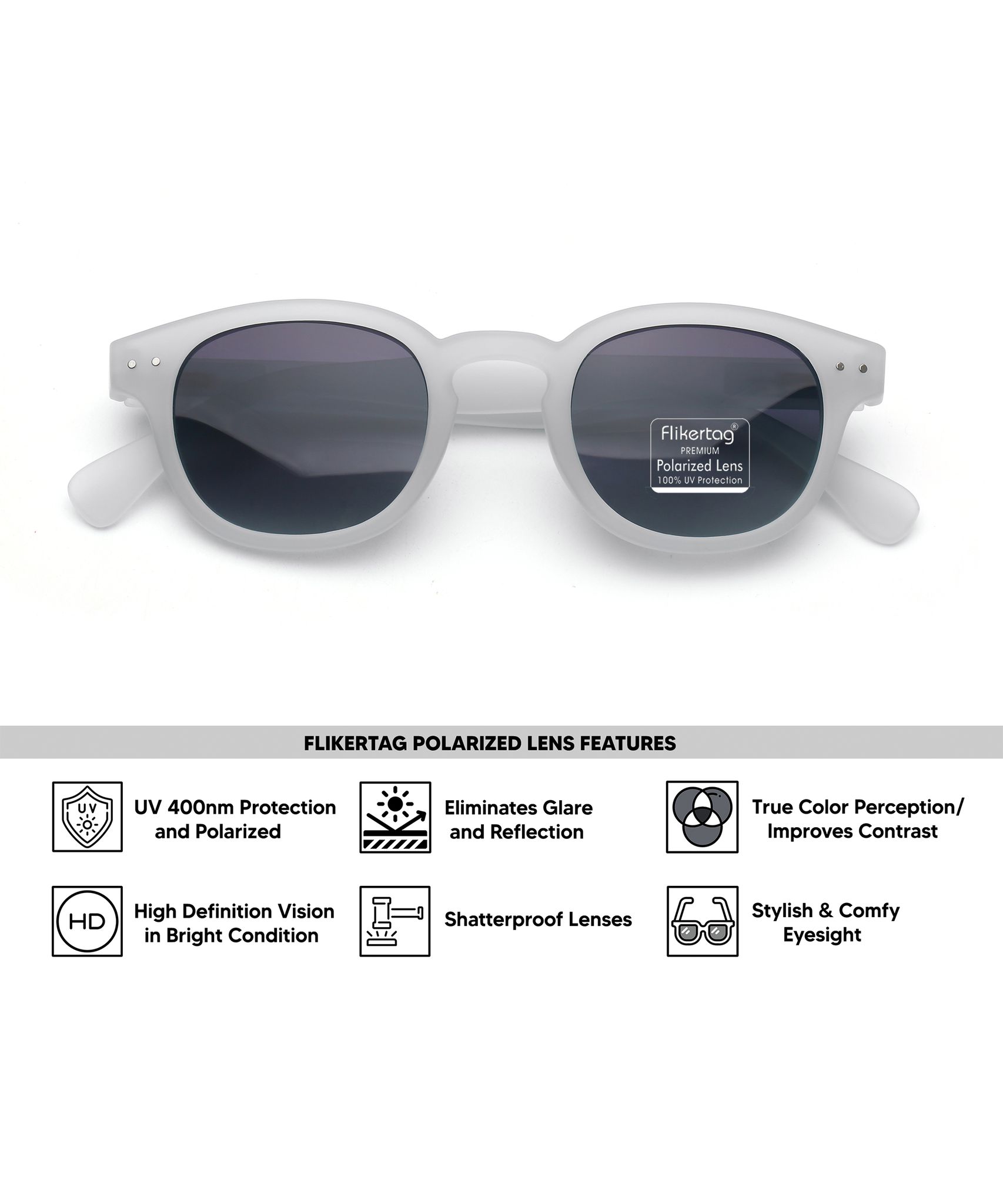 Flikertag Polarized Sunglasses With UV Protection For Men & Women | HD vision with Grey Gradient Lens [FTS 551 F3 Round Matte Transparent Frame with Smoke lens, 49mm]