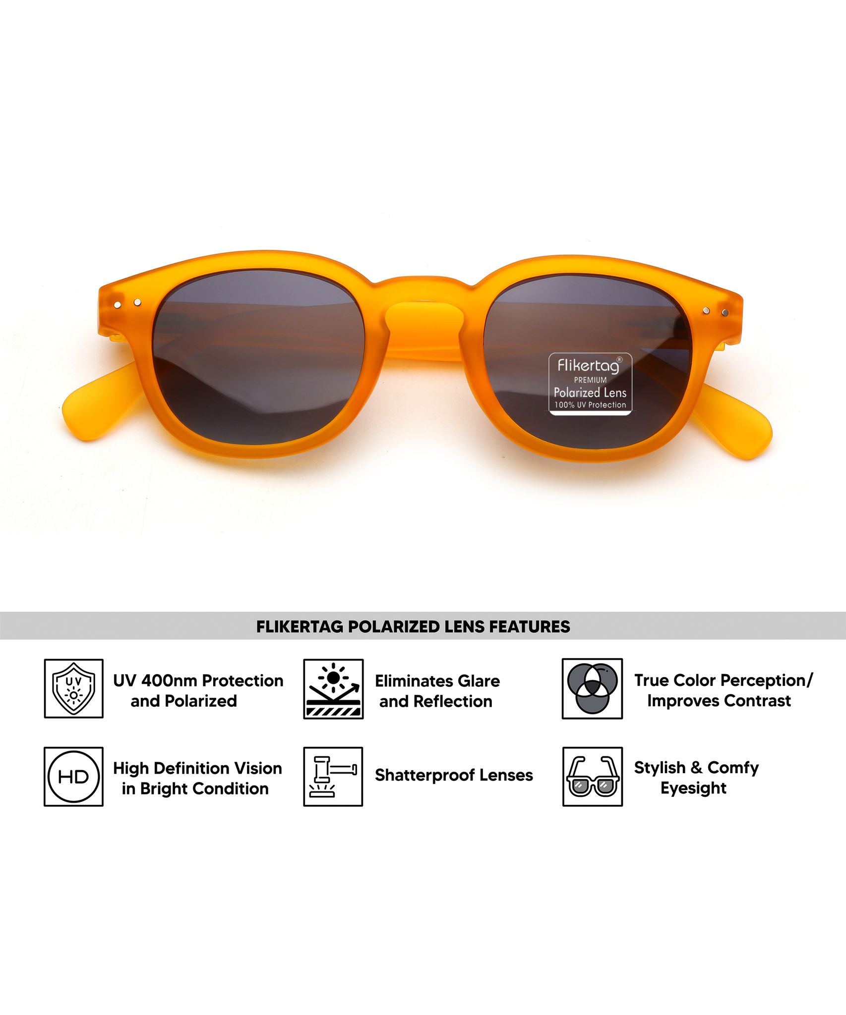 Flikertag Polarized Sunglasses With UV Protection For Men & Women | HD vision with Grey Gradient Lens [FTS 551 F4 Round Matte Orange Frame with Smoke lens, 49mm]