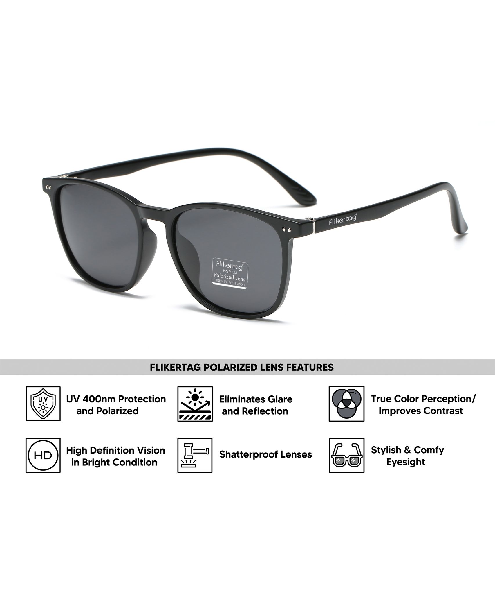 Flikertag Polarized Sunglasses With UV Protection For Men & Women | HD vision with Grey Lens [FTS 561 F1 Square | Wayfarer Matte Black Frame with Smoke lens, 54mm]