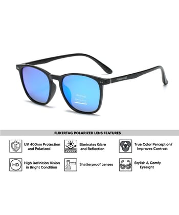 Flikertag Polarized Sunglasses With UV Protection For Men & Women | HD vision with Mirror Lens [FTS 561 F2 Square/Wayfarer Matte Black Frame with Blue Mirror lens, 54mm]