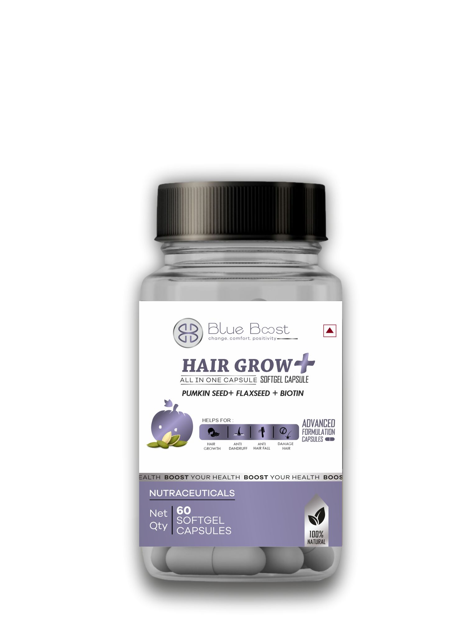 BLUE BOOST HAIR GROW+ SOFTGEL CAPSULE WITH PUMKIN SEED , FLAXSEED, BIOTIN PACK OF 60CAPSULES