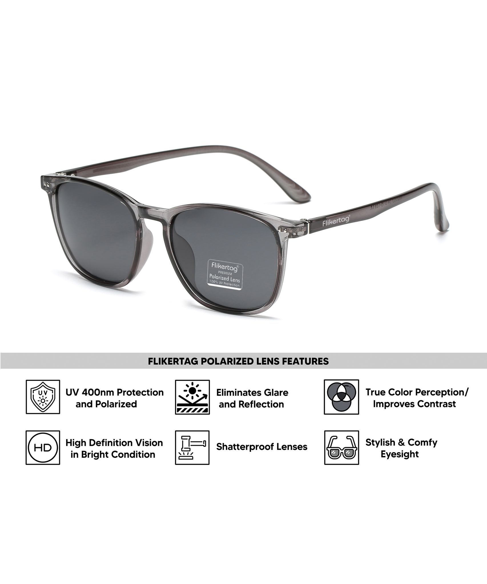 Flikertag Polarized Sunglasses With UV Protection For Men & Women | HD Vision with Grey Lens  [FTS 561 F3 Square/Wayfarer Shiny Grey Frame with Smoke lens, 54mm]