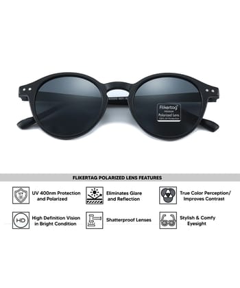 Flikertag Polarized Sunglasses With UV Protection For Men & Women | HD vision with Grey Lens [FTS 565 F1 Round Matte Black Frame with Smoke lens, 50mm]