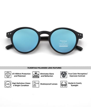 Flikertag Polarized Sunglasses With UV Protection For Men & Women | HD vision with Blue Lens [FTS 565 F2 Round Matte Black Frame with Mirrored Blue lens, 50mm]