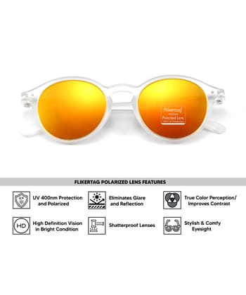 Flikertag Polarized Sunglasses With UV Protection For Men & Women | HD vision with Orange Lens [FTS 565 F3 Round Matte Transparent Frame with Orange lens, 50mm]