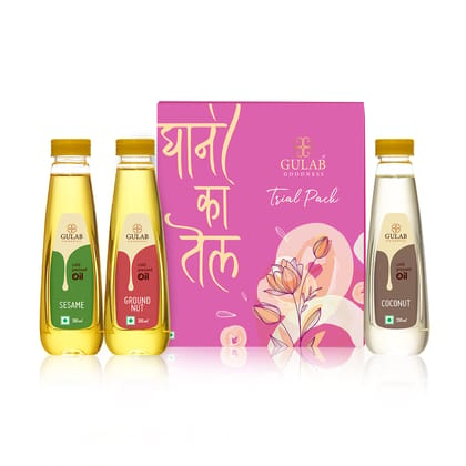 Gulab Cold Pressed Oils - Groundnut Oil, Coconut Oil, Sesame Oil - Combo of 3 Bottles, 200 ml each - Trial Pack