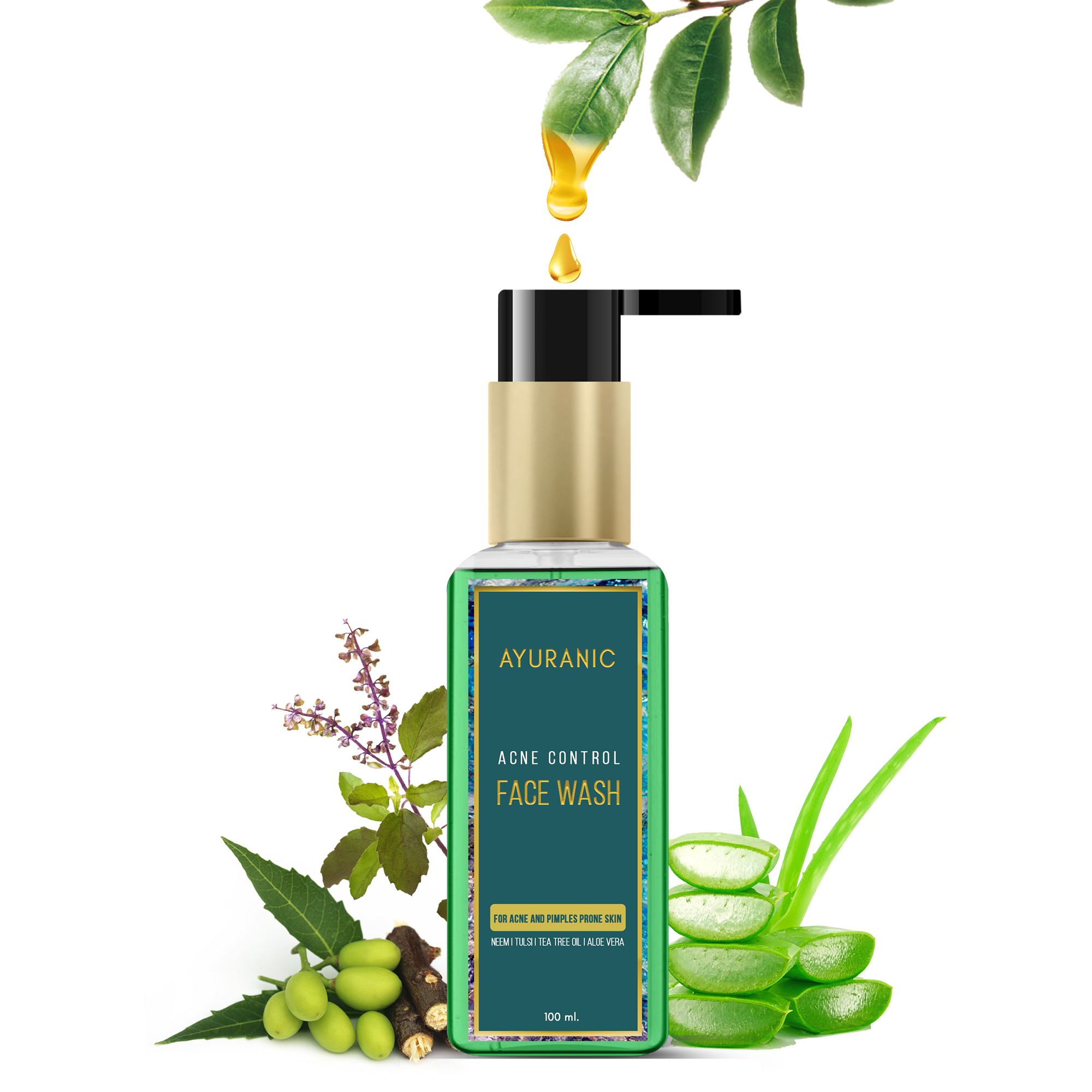 Ayuranic Acne Control Ayurvedic Face Wash for Acne & Pimples Skin | Enriched With Neem, Tulsi, Tea Tree Oil, and Aloe Vera | Approved by Ministry of Ayush | (11 Natural Herbs, 100ml)