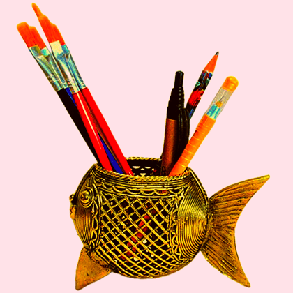 Exim 11  | Fish Shaped | Brass Pen Holder Stand | Collectible Showpiece | Paper Weight for Office Table | Stylish Fancy | Holder for Men Women Office Home Decor Gift