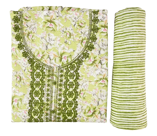 Fashion Factory hld Women's Cotton Printed Neck Embroidered Unstitched 2.5 Meter Suit Piece, 2.5 Meter Bottom With 2.5 Dupatta Colour Green