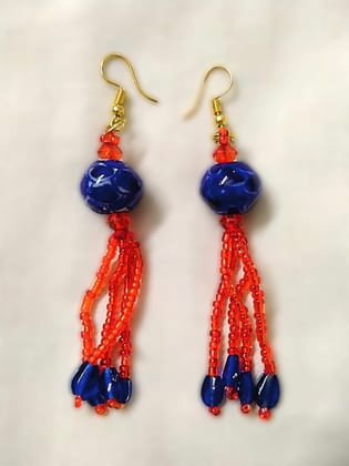 Blue Pottery Tassel Earrings-(ER-01)