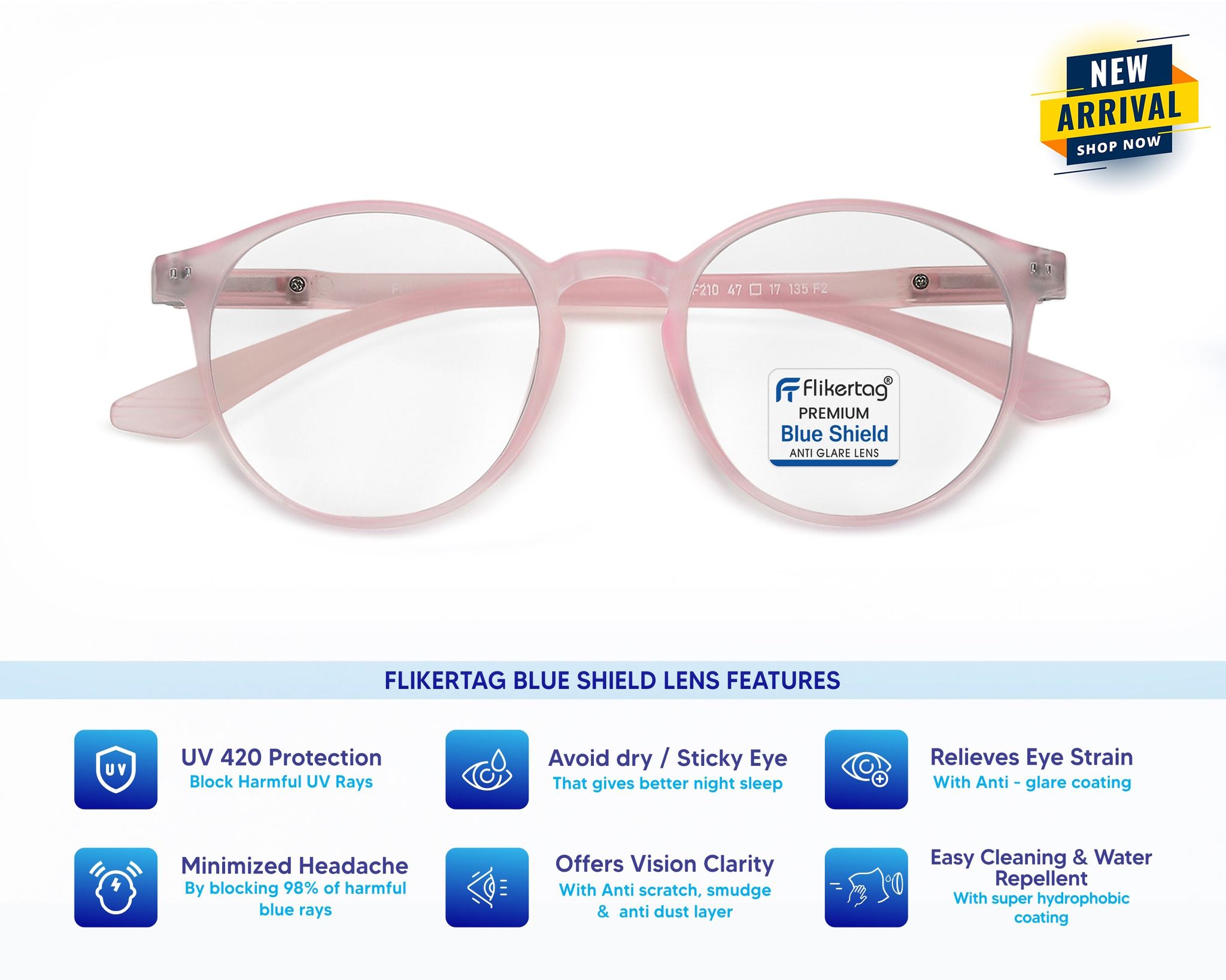 Flikertag Blue Cut Computer Glasses for Eye Protection | Zero Power Blue Light Filter Glasses With UV Protection | Anti Glare Specs for Women [FTF210 F2 Round Transparent Pink Frame, 49mm]