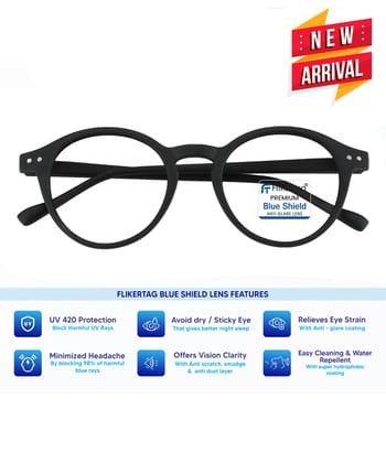 Flikertag Blue Cut Computer Glasses for Eye Protection | Zero Power Blue Light Filter Glasses With UV Protection | Anti Glare Specs for Men & Women [FTF565 F1 Round Matte Black Frame, 50mm]